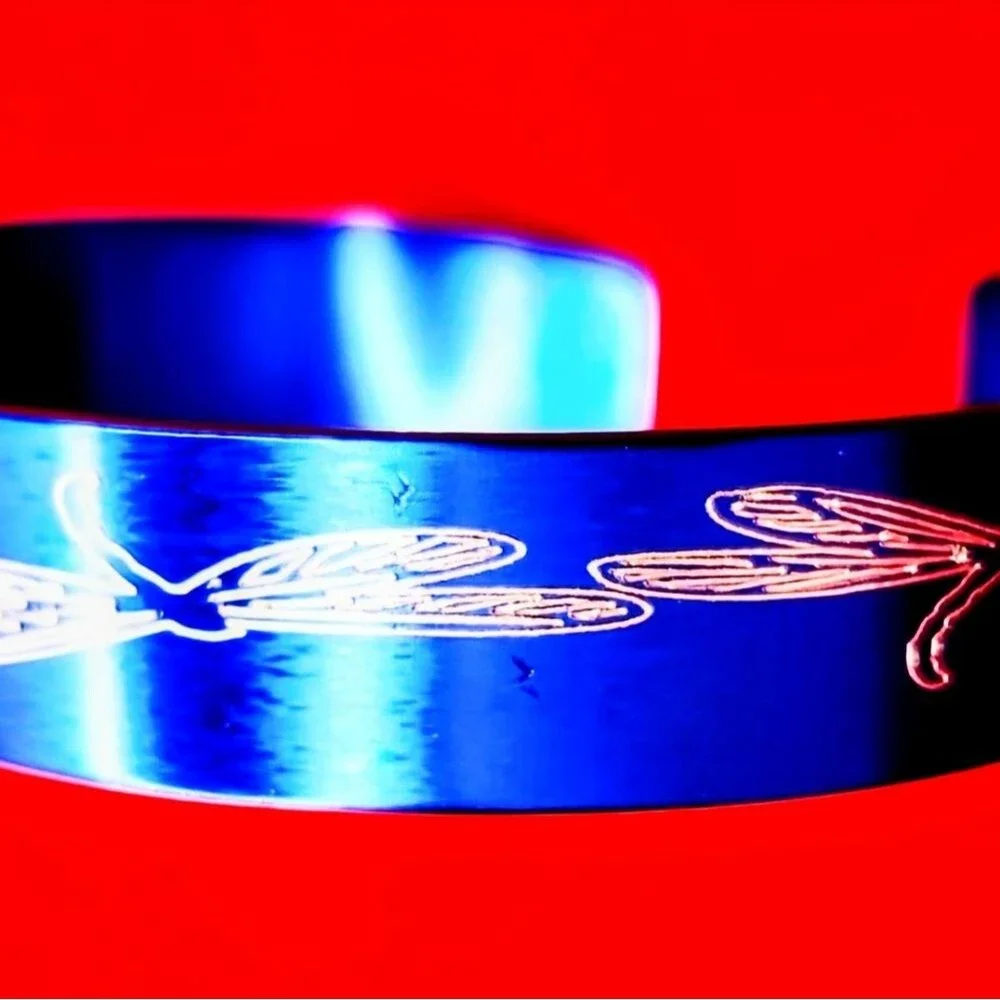 Hand Crafted Engraved Cuff Bracelet Blue Dragonfly
